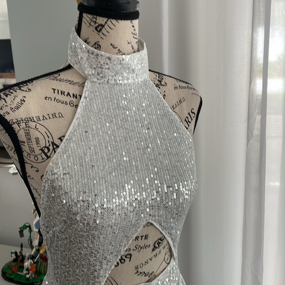 Cut Out Sequin Halter Dress with Fringe Trim - Picture 2 of 4